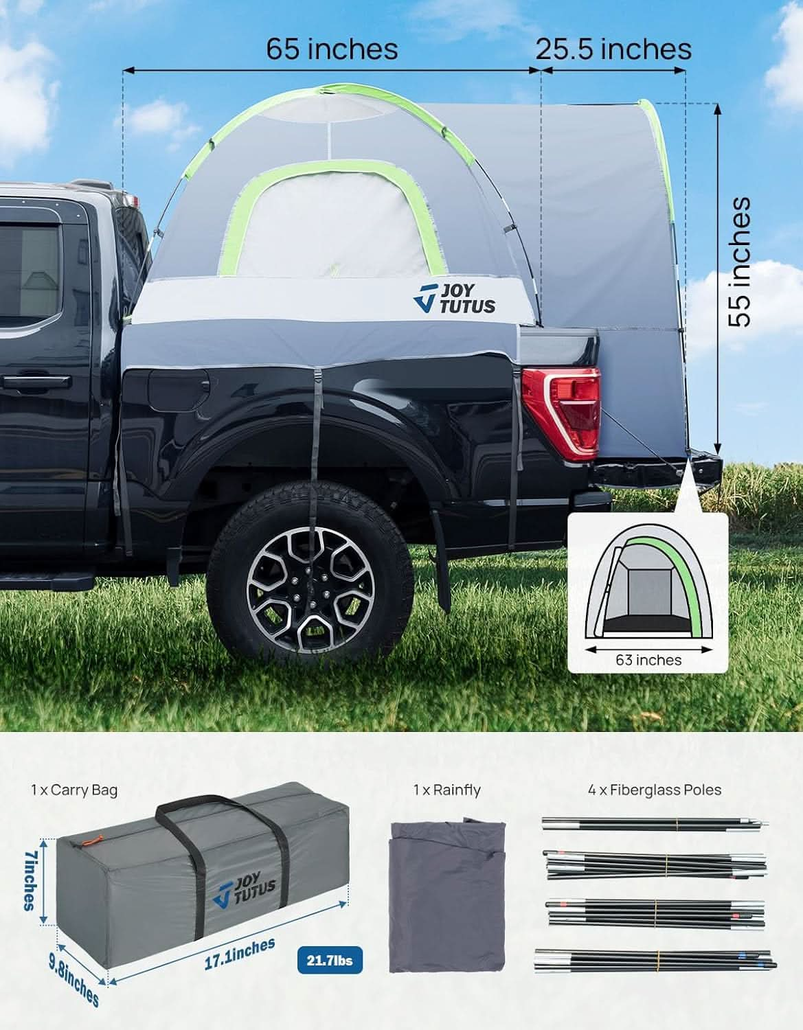 JOYTUTUS Truck Tent with Rainfly 5.5Ft-6Ft