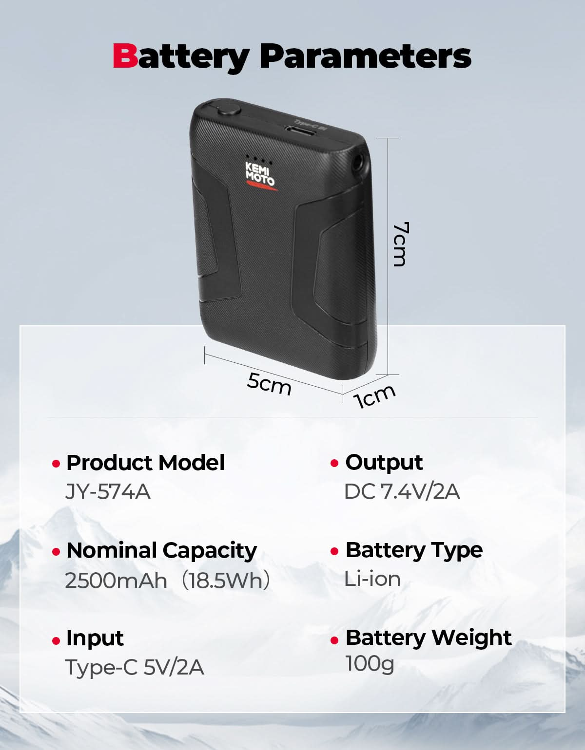 Rechargeable Battery 7.4V 2500mAh for Heated Gloves - Kemimoto