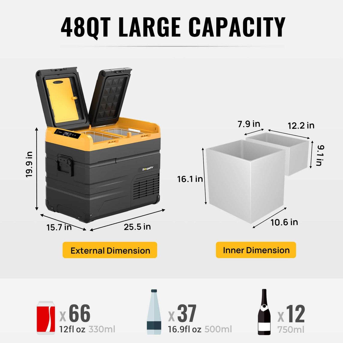 BougeRV ED45 48 Quart 12 Volt Dual Zone Car Fridge Freezer